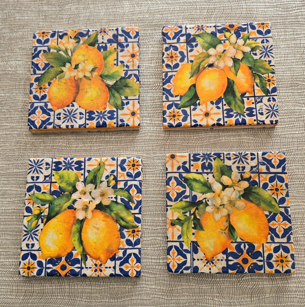 Greek Lemon Design Tumbled Marble Coasters