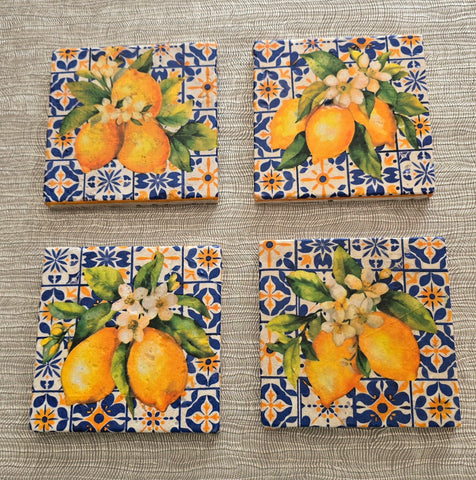 Greek Lemon Design Tumbled Marble Coasters