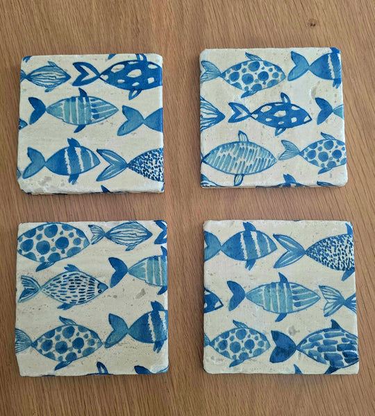 Blue Fish Design Tumbled Travertine Stone Coasters