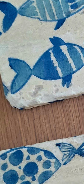 Blue Fish Design Tumbled Travertine Stone Coasters