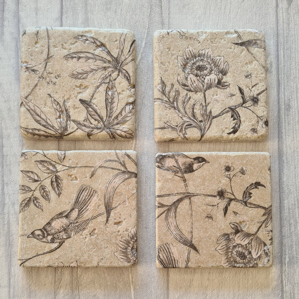 Garden Bird & Flowers Tumbled Marble Coasters